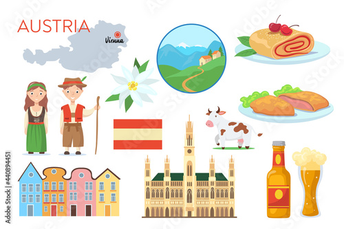Traditional symbols of Austria cartoon vector illustration. Austrian national flag, map, traditional costumes, castle, buildings, cow, beer, Alps. Vienna, travel, architecture, culture concept