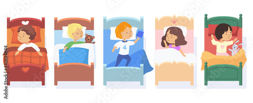 Set of children sleeping in beds. Cartoon vector illustration. Little boys and girls falling asleep, getting rest under blankets during bedtime at night. Nursery, kindergarten, childhood concept