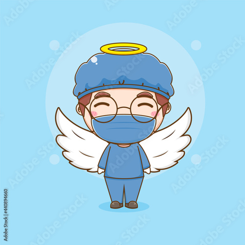 Cartoon illustration of cute doctor character with wings as angel. Chibi character isolated background