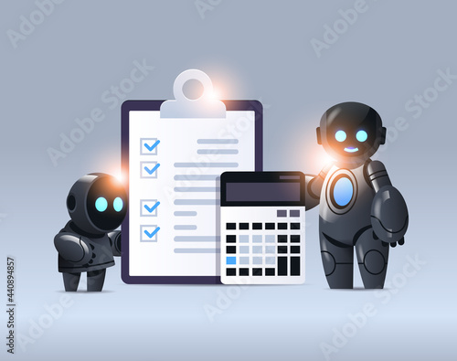 robots with clipboard and calculator financial data report organization process analytics accounting