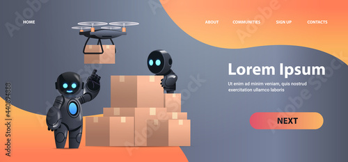 robots couriers near cardboard boxes air mail drone fast delivery service technological shipment artificial intelligence