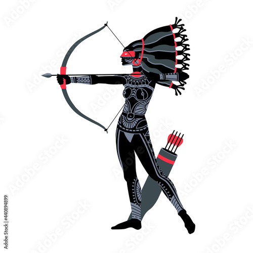 amazon archer in silver armor, beautiful female warrior, hunting goddess Artemis with bow, body with tattoo, color vector illustration isolated on white background in cartoon and flat design