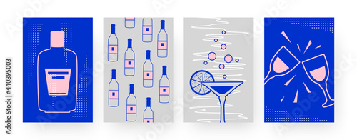 Set of contemporary art posters with alcohol bottles. Margarita, clinking glasses vector illustrations in creative style. Alcohol, party concept for designs, social media, postcards, invitation cards