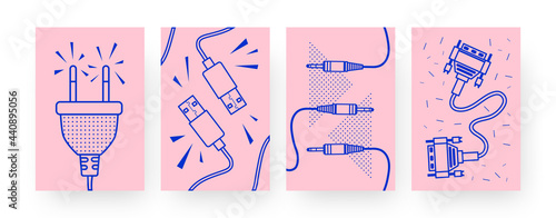 Collection of contemporary posters with different cables. Plug, USB-cable vector illustrations in creative style. Technology, electricity concept for designs, social media, postcards, invitation cards