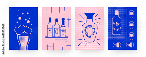 Collection of contemporary posters with beer and wine. Glass of beer, bottles and wineglasses vector illustrations in creative style. Alcohol, bar concept for designs, social media, invitation cards