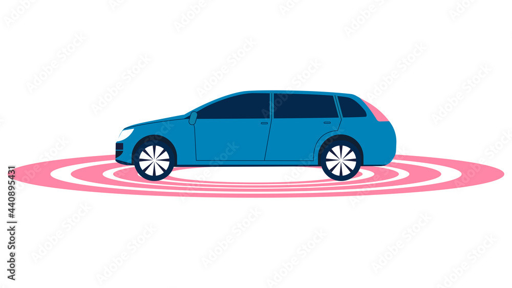 Car senser of environment observation area technology. Circular radio around an automobile. Animated video on a white background.