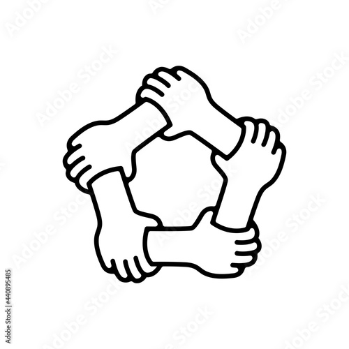 five hands holding tech other team work unity together logo vector icon illustration