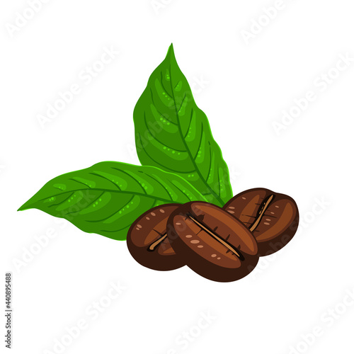 Roasted bean and coffee plant leaf. Vector illustration cartoon flat icon isolated on white background.