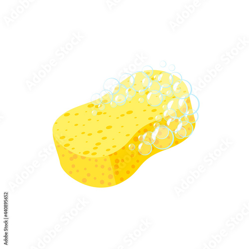 Washing sponge with foam bubbles. Vector illustration cartoon flat icon isolated on white background.