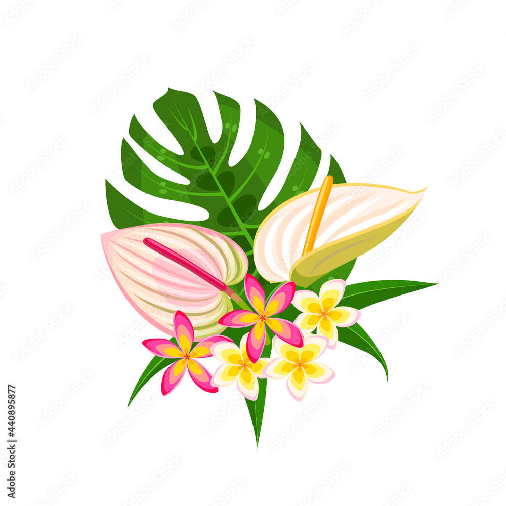 Tropical flowers bouquet. Vector illustration cartoon flat icon isolated on white background.