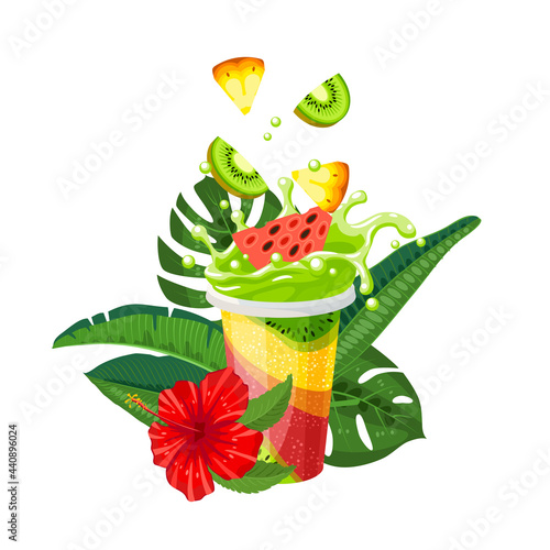 Juice splash in fruit fresh mix cup and tropical exotic leaves and flowers. Vector illustration cartoon flat icon isolated on white background.