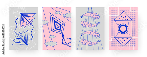 Set of contemporary posters with kites of different shapes. Wind toys on string vector illustrations in creative style. Outdoor activity concept for designs, social media, postcards, invitation cards