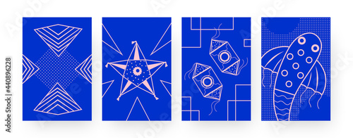Set of contemporary art posters with kites. Wind toys in shape of star, fish vector illustrations in creative style. Outdoor activity concept for designs, social media, postcards, invitation cards