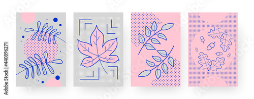 Set of contemporary art posters with autumn leaves and acorns. Fallen foliage vector illustrations in creative style. Autumn, seasons concept for designs, social media, postcards, invitation cards