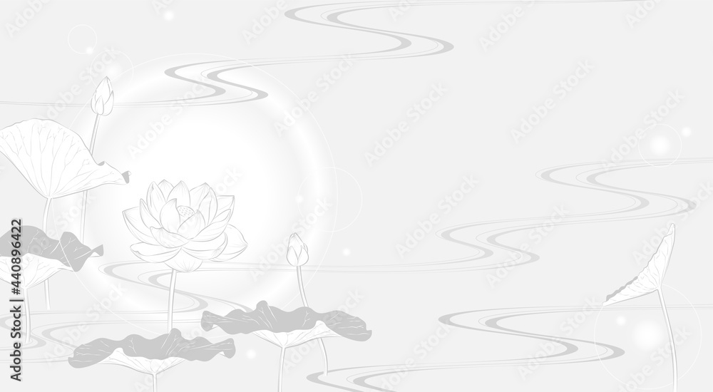 流水に蓮の花の背景イラスト（薄墨風）
