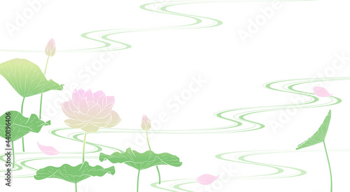 流水に蓮の花の背景イラスト（淡彩）