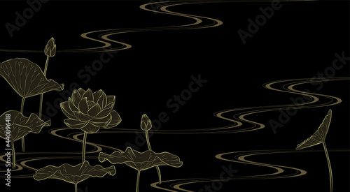流水に蓮の花の背景イラスト（金蒔絵風）