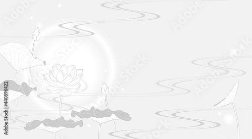 流水に蓮の花の背景イラスト（薄墨風）