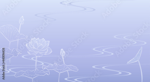 流水に蓮の花の背景イラスト（薄紫）