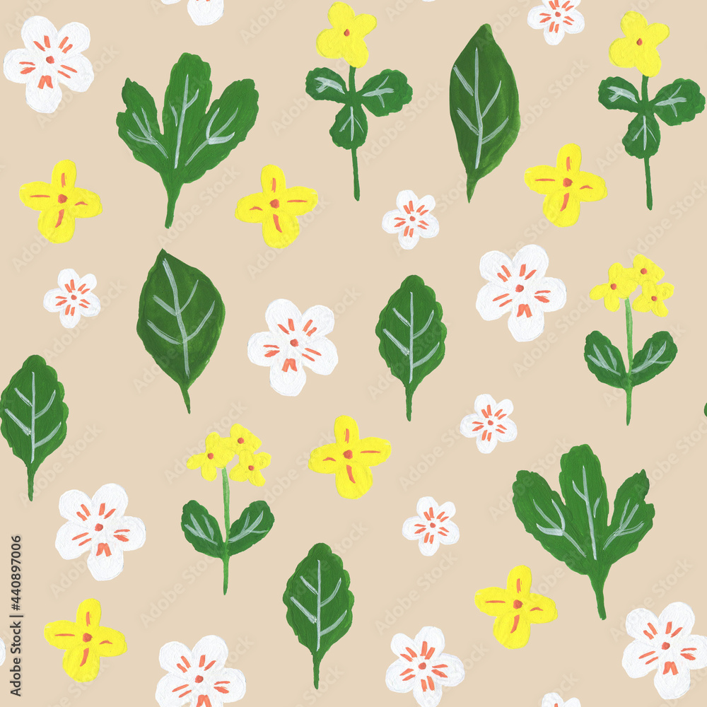 Seamless pattern with yellow and white flowers, green leaves on beige background