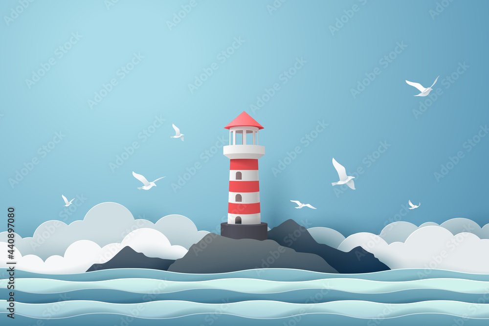 Paper art of Lighthouse and sea, origami and travel concept