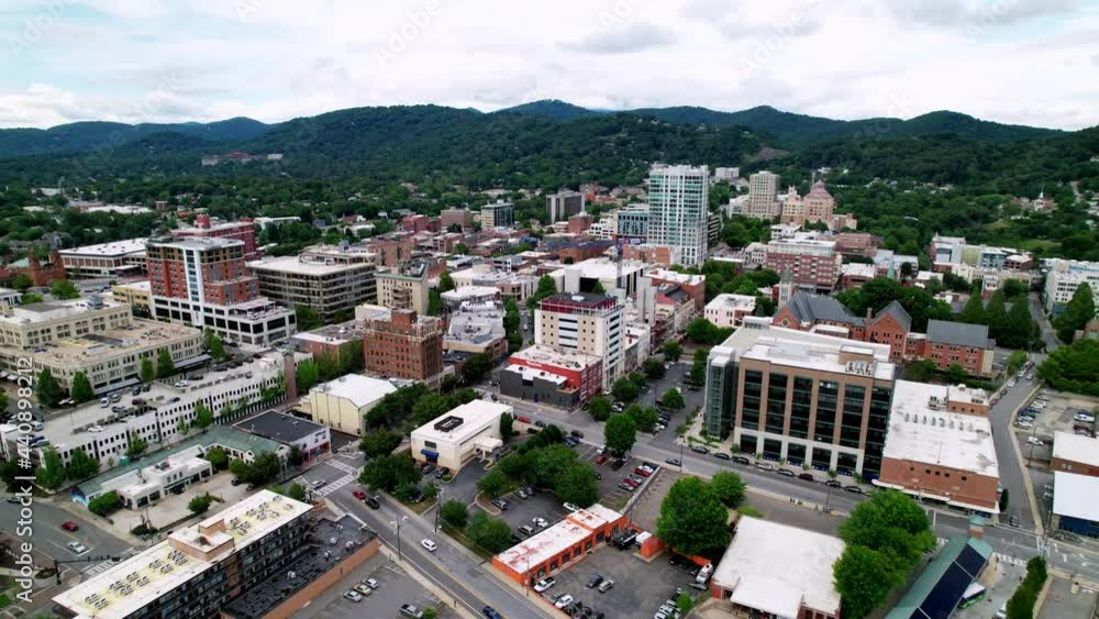 Slow aerial push into Asheville NC Skyline, Asheville North Carolina Slow aerial push into Asheville NC Skyline, Asheville North Carolina