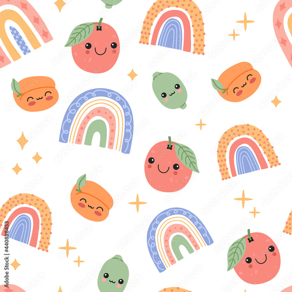 Fototapeta premium Cute baby fruits and rainbows with smiling face cartoon seamless pattern. Happy kawaii tropical food repeat background. Magic exotic characters in flat doodle style. Modern trendy vector illustration