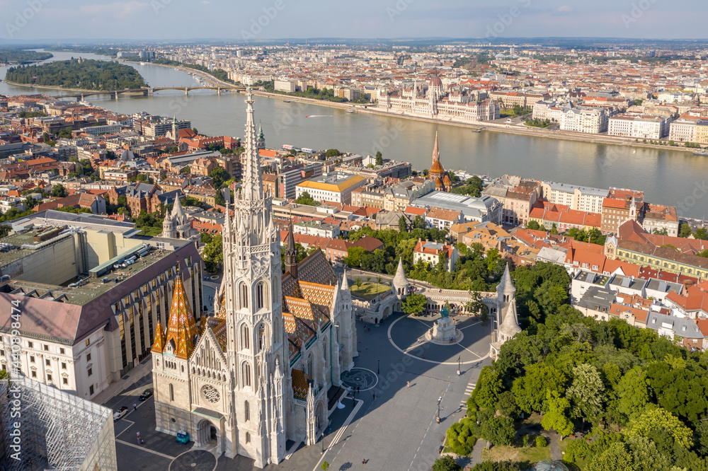 Matthias Church with Fisherman Bastion at Budapest from drone view