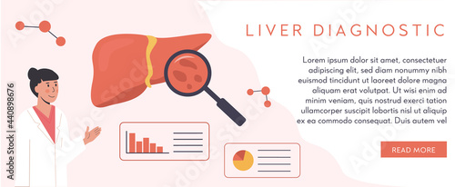 Web banner template. Liver Organ with magnifying glass. Hepatitis Cure. Researcher studying liver tissue. Consulting Doctor. Medical Scientist. Gastroenterology, Hepatology. Flat Vector Illustration.
