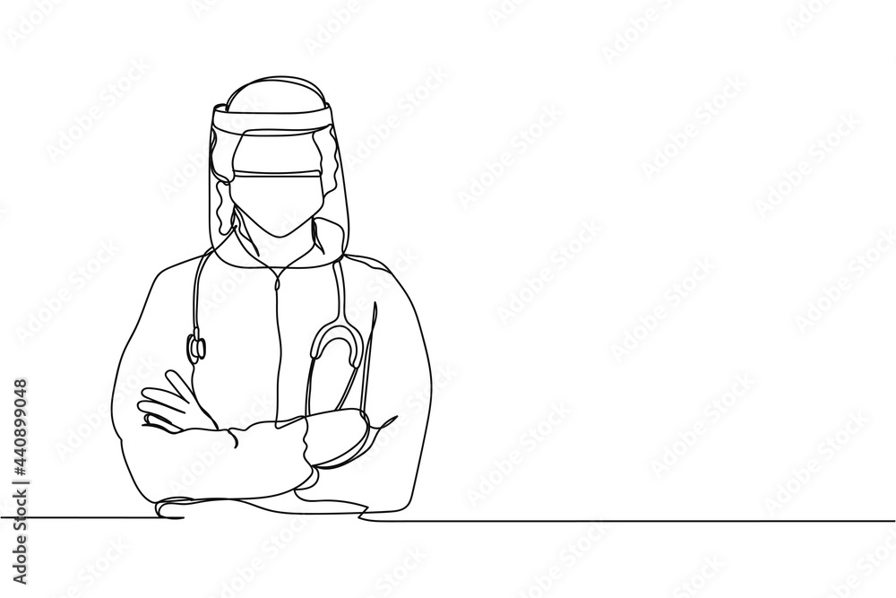 Continuous one line of doctor ppe suit in silhouette on a white background. Linear stylized.Minimalist. Medicine health