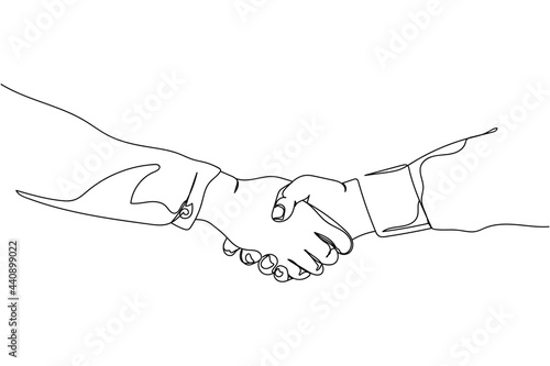 Continuous one line of close up shaking hands in silhouette on a white background. Linear stylized.Minimalist.