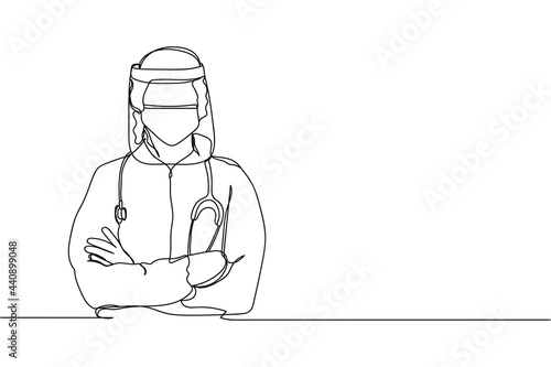 Continuous one line of doctor ppe suit in silhouette on a white background. Linear stylized.Minimalist. Medicine health © Yana