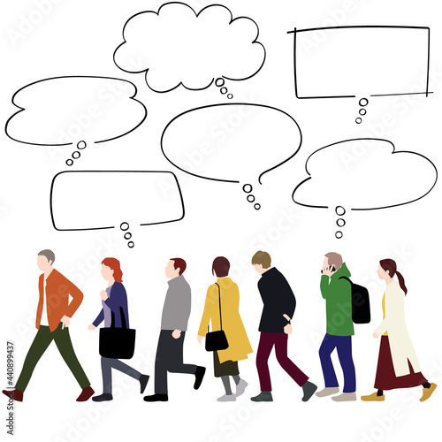 Illustrations that people are thinking about while commuting (white background, vector, cut out)