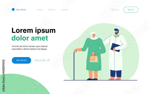 Doctor and elderly woman flat vector illustration. Medicine worker helping woman of age with cane, giving her recommendations, and providing medical treatment. Help, medicine, maturity, care concept