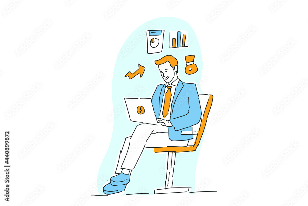 businessman report finance with online apps hand drawn illustration businessman report finance with online apps hand drawn illustration