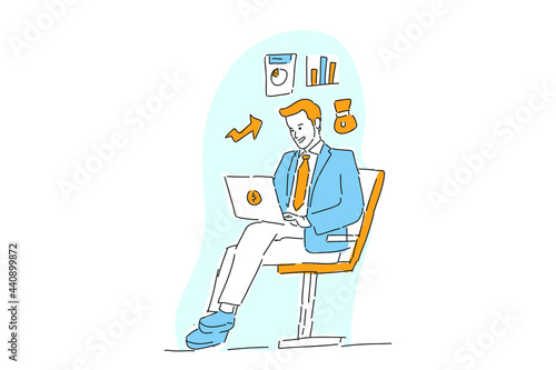 businessman report finance with online apps hand drawn illustration