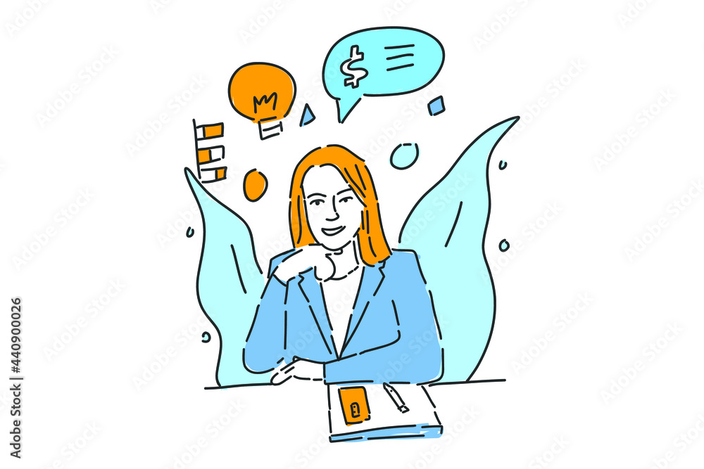 business woman sit on desk drawn illustration business woman sit on desk drawn illustration