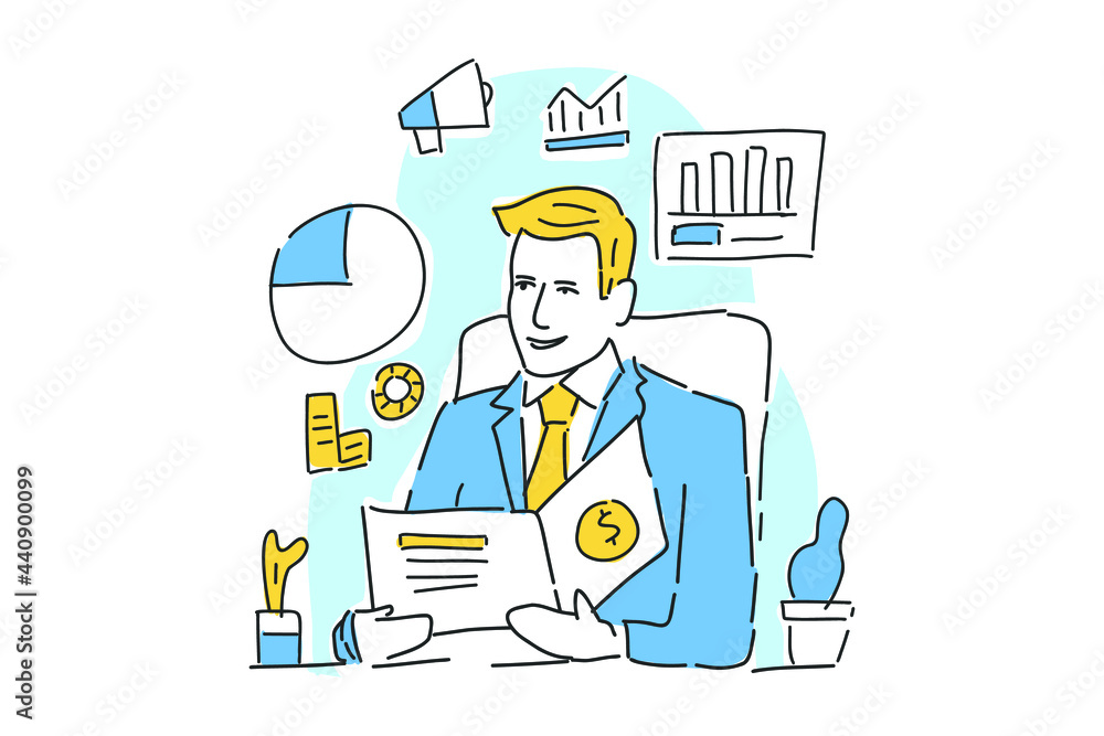 happy businessman look report finance drawn illustration happy businessman look report finance drawn illustration