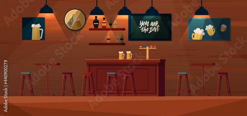 Beer bar cartoon vector interior. Bar counter, shelves with alcohol bottles, tables and chairs, posters on the wall.