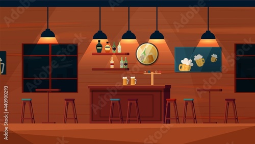 Beer bar cartoon vector interior. Bar counter, shelves with alcohol bottles, tables and chairs, posters on the wall.