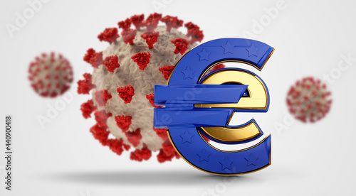 E-Euro symbol blue golden and Coronavirus 3d-illustration photo