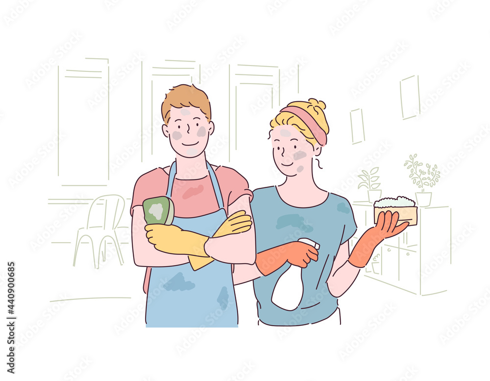 Two couples wearing rubber gloves and holding sponges are posing. Both faces are dirty. hand drawn style vector design illustrations. 