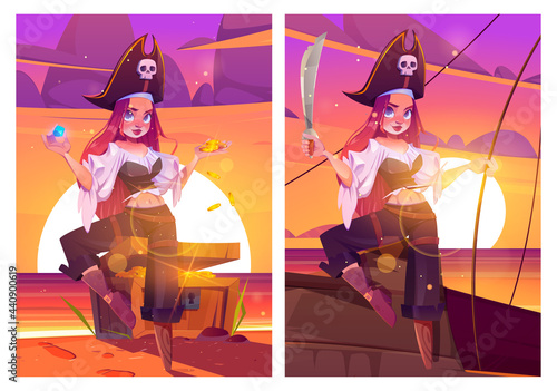 Girl pirate on beach with treasure chest, filibuster captain woman with sword on ship deck. Young sexy female buccaneer in cocked hat and wooden leg prosthesis on sea view, Cartoon vector illustration