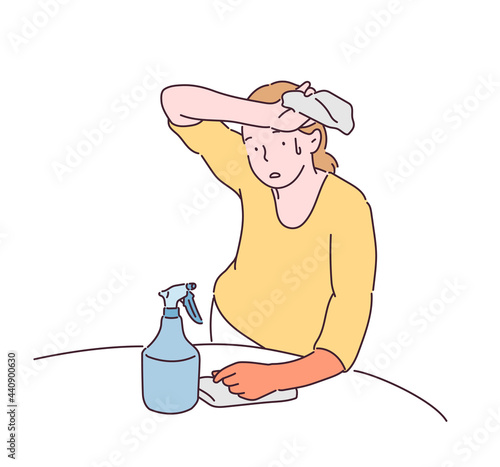 A woman mopping with spray detergent. hand drawn style vector design illustrations. 