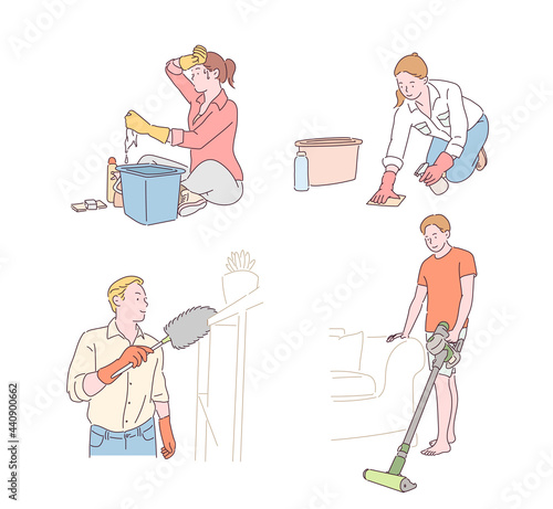 Collection of people doing cleaning. hand drawn style vector design illustrations. 