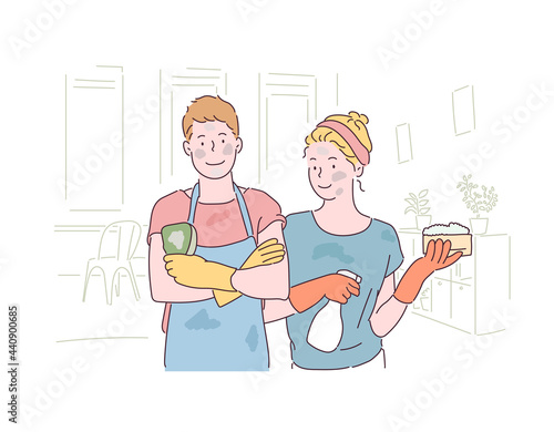 Two couples wearing rubber gloves and holding sponges are posing. Both faces are dirty. hand drawn style vector design illustrations. 