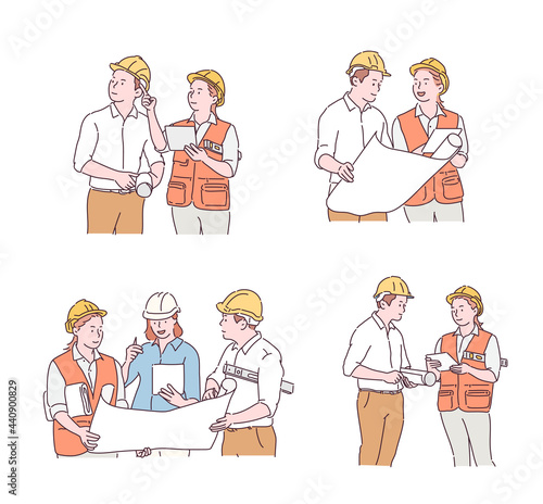 Construction site workers talking while looking at blueprints. hand drawn style vector design illustrations. 