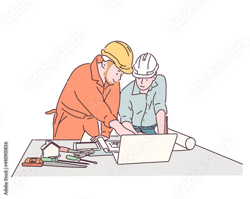 Two experts at a construction site are having a meeting while looking at the blueprints on the table. hand drawn style vector design illustrations. 