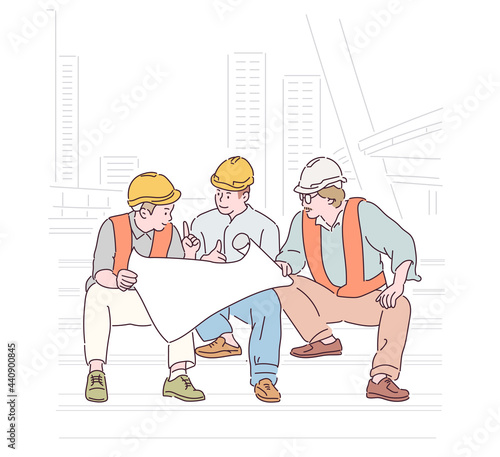 Workers at the construction site are talking while looking at the blueprint. hand drawn style vector design illustrations. 
