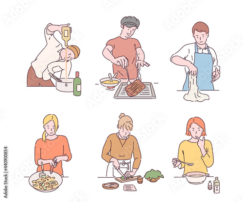 A collection of people doing various dishes. hand drawn style vector design illustrations. 